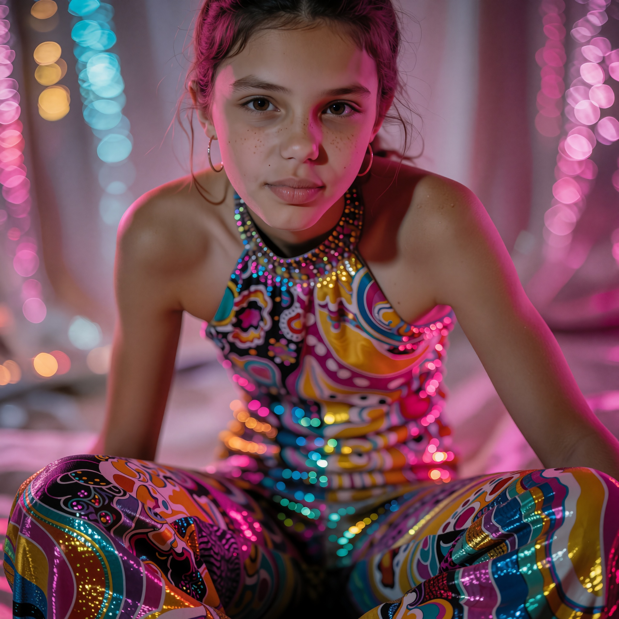 A close-up cinematic shot framing a slender young girl,  positioned centrally in the frame,  who is adorned in a highly de...