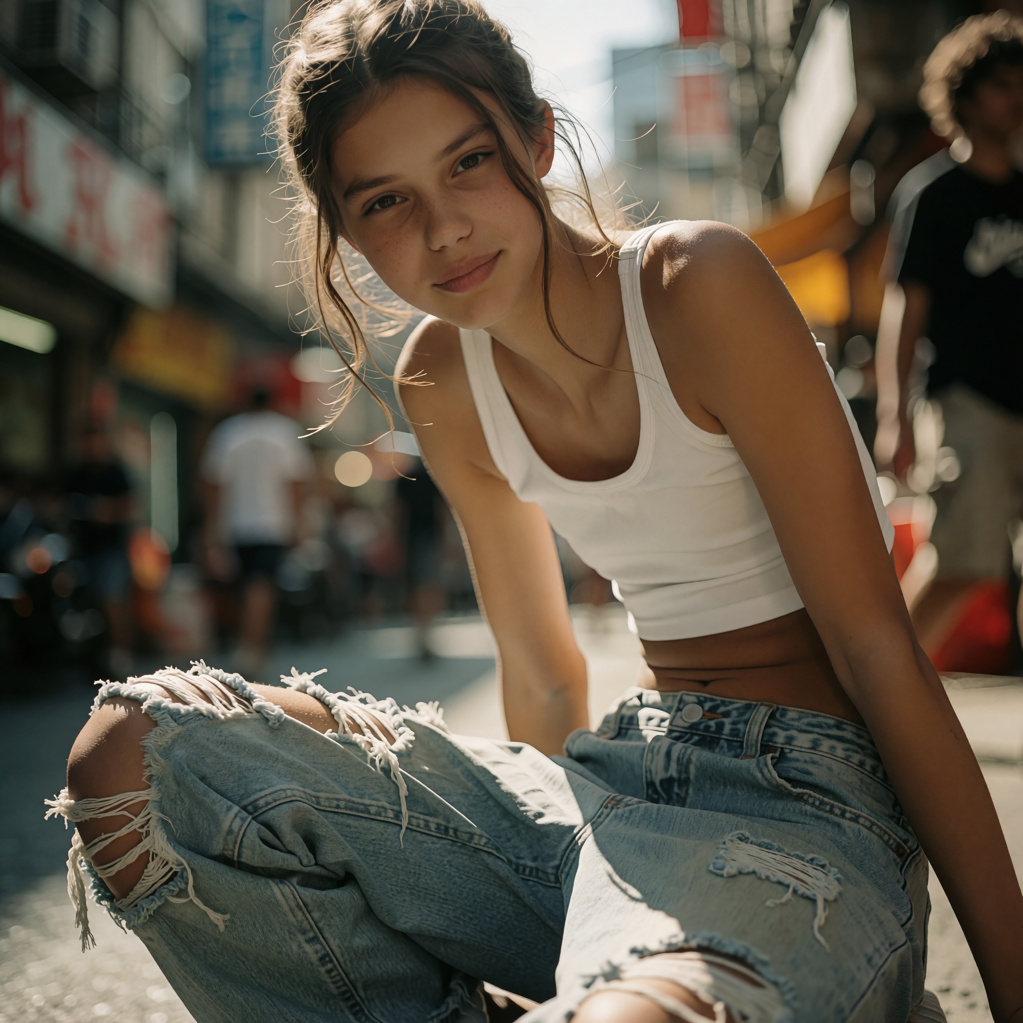A cinematic close-up captures a slender young woman positioned dynamically in a bustling,  hyper-detailed urban environmen...