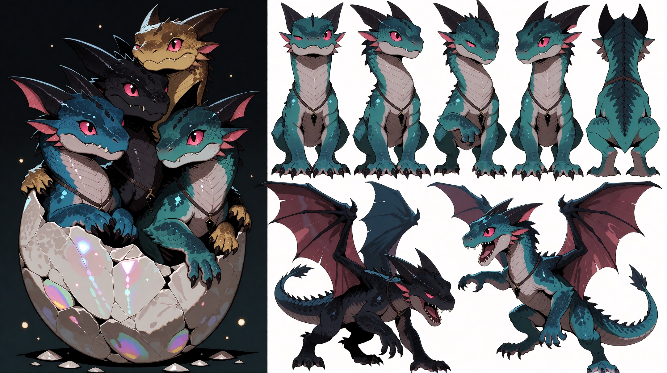 A beautifully arranged professional character reference sheet layout featuring four distinct anthropomorphic dragon hatchl...