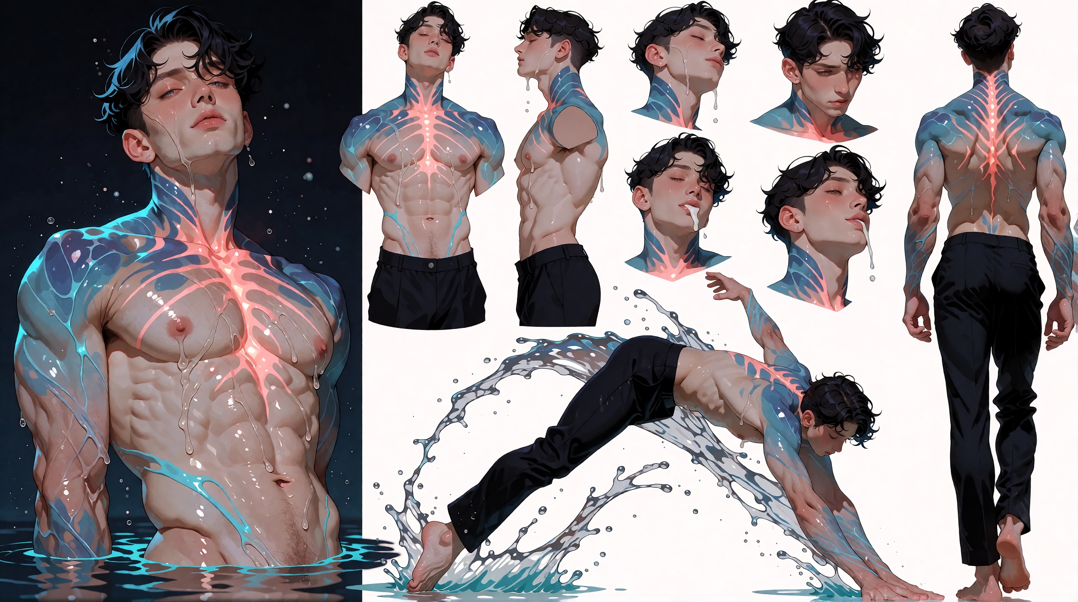 A beautifully arranged professional character reference sheet laid out on a deep cosmic-night background shimmering with s...