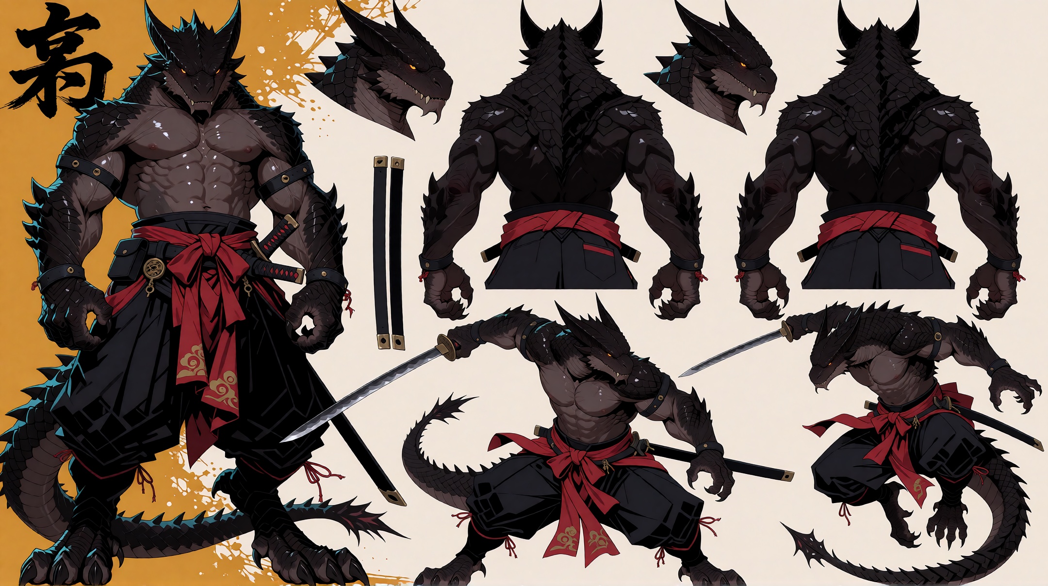 A beautifully arranged professional character reference sheet laid out on a rich,  textured parchment-like background with...