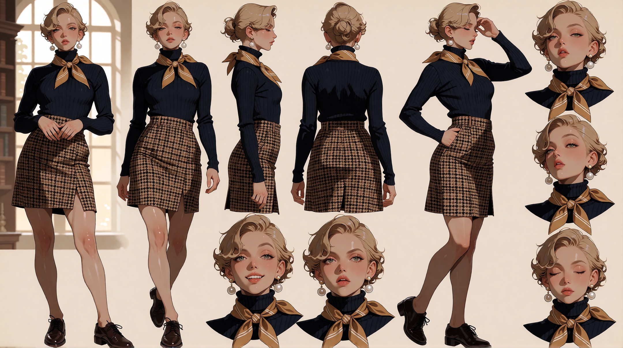A beautifully arranged professional character reference sheet laid out on warm,  aged parchment-toned paper with subtle em...