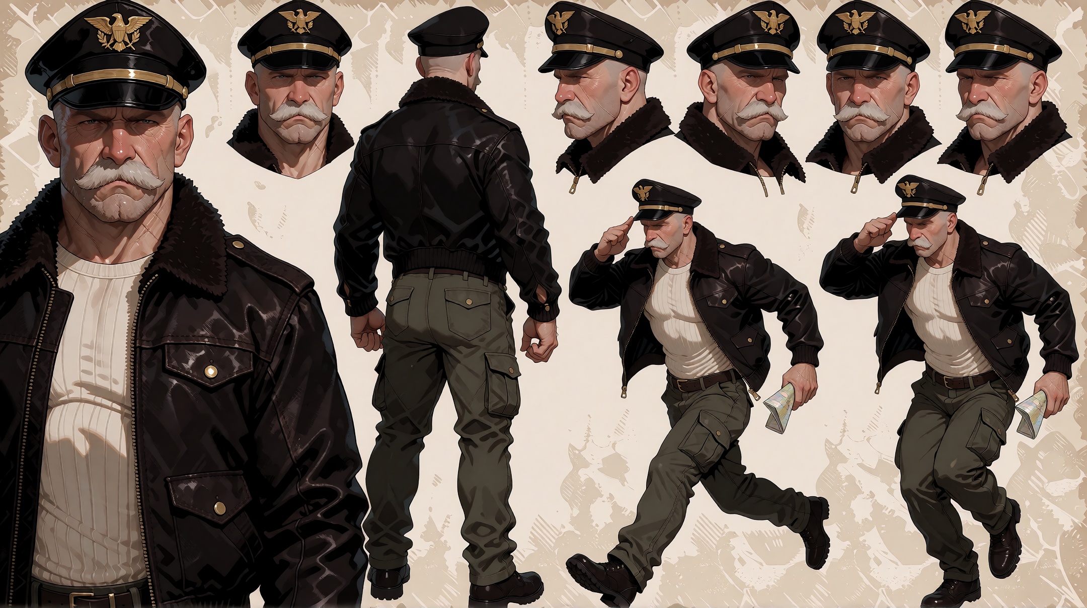 A beautifully arranged professional character reference sheet laid out on a textured,  aged parchment-toned background wit...