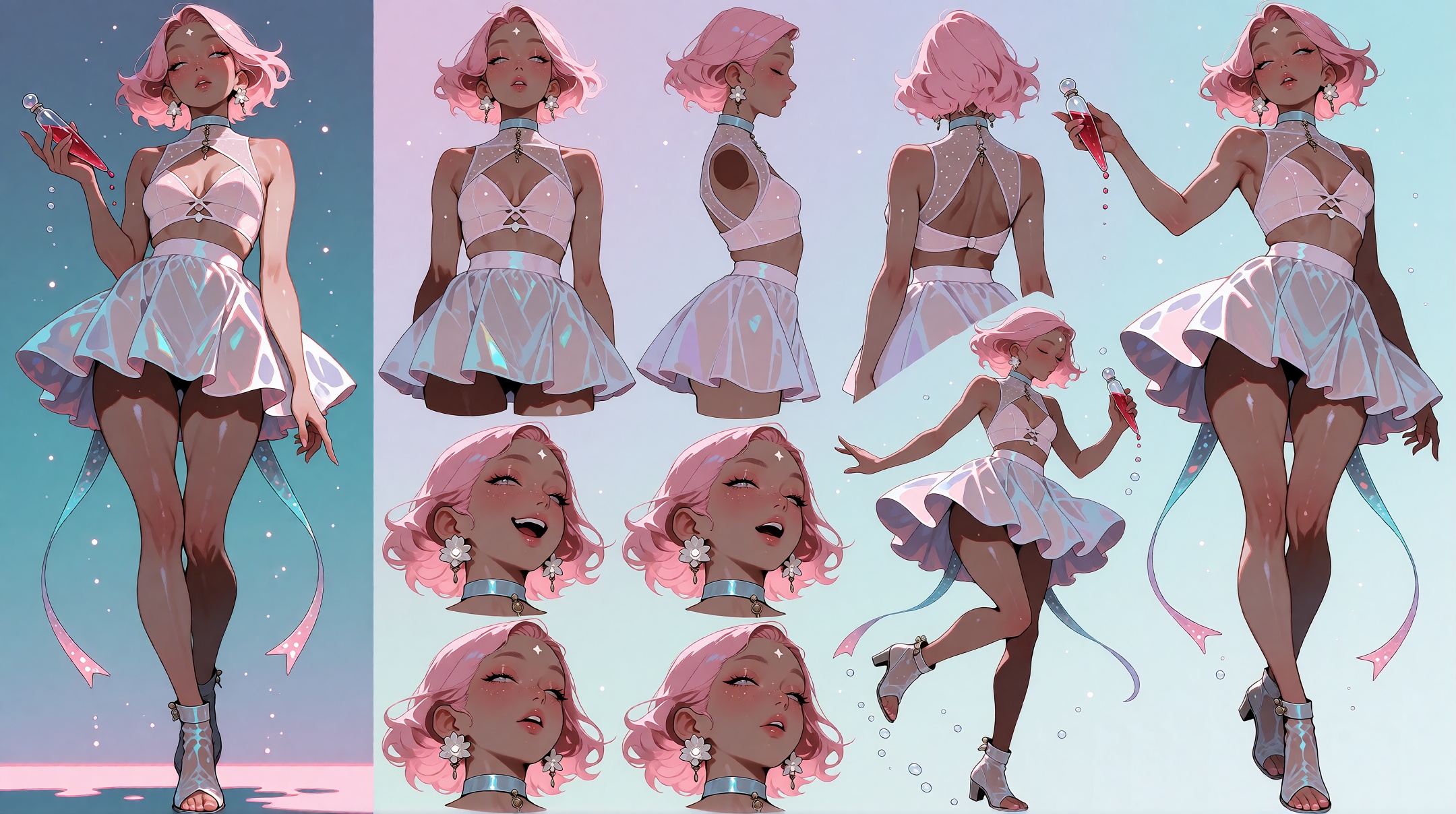 A beautifully arranged character reference sheet in a dreamy,  ethereal layout featuring soft iridescent gradients of cora...