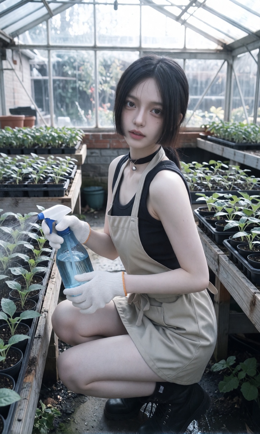 A young woman is crouching in a greenhouse wearing a dark **** top under a short beige apron dress paired with white garde...
