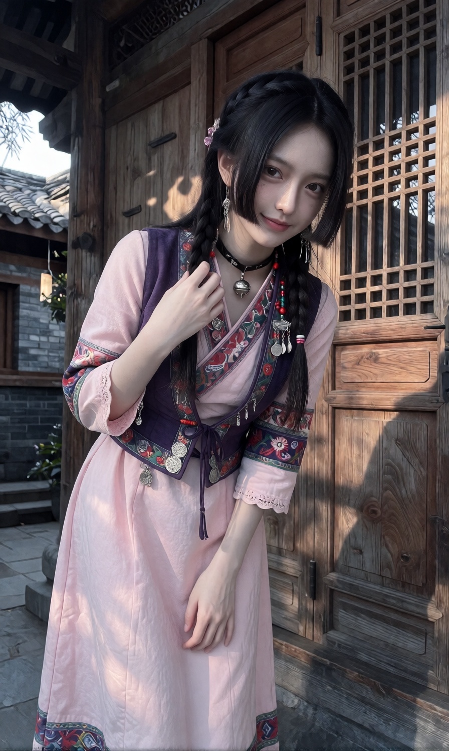 A young woman stands in front of a traditional wooden building wearing a detailed traditional outfit featuring a long ligh...
