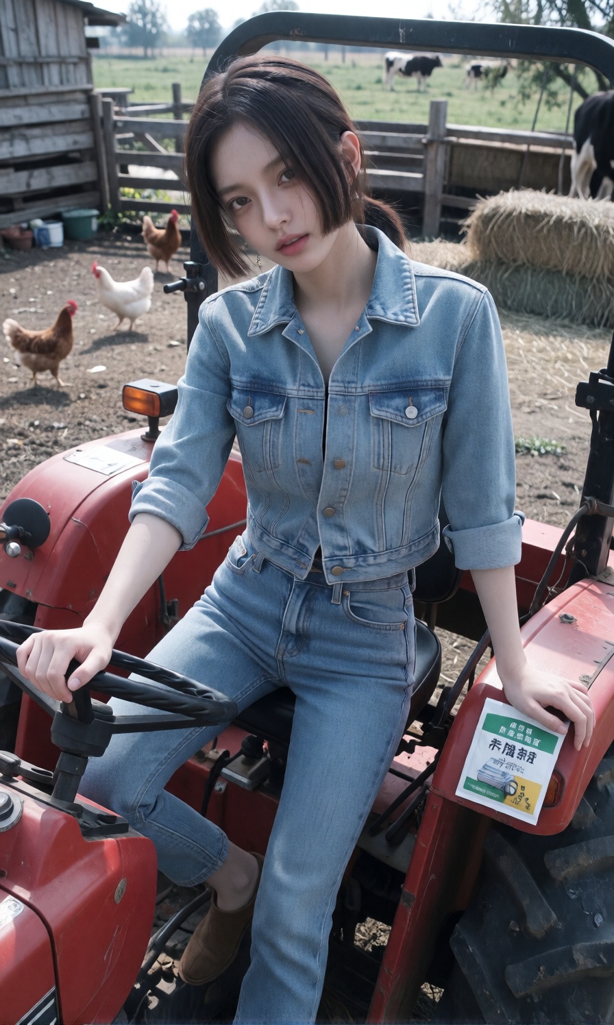 A young woman is sitting on a red farm tractor wearing a casual denim outfit consisting of a light blue denim jacket with...