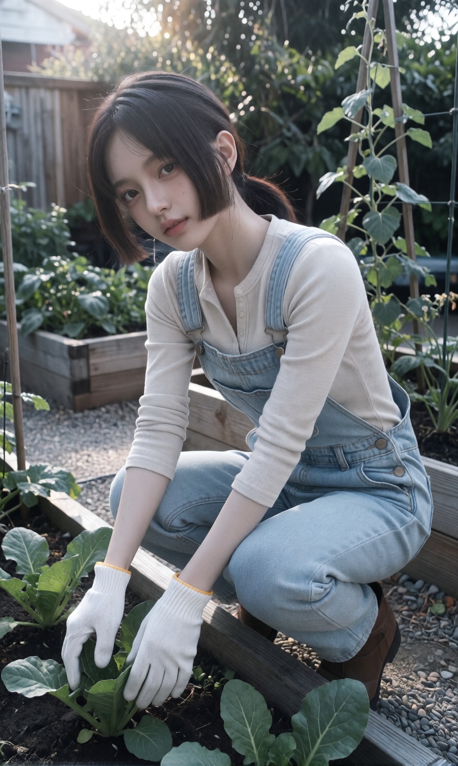 A young woman is crouching beside a garden bed wearing a light beige long sleeved ribbed top under light wash blue denim o...