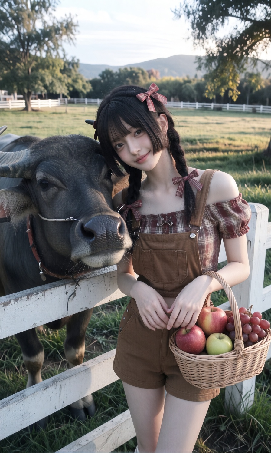 A young woman is standing outdoors next to a large water buffalo,  wearing an off the shoulder plaid crop top paired with...