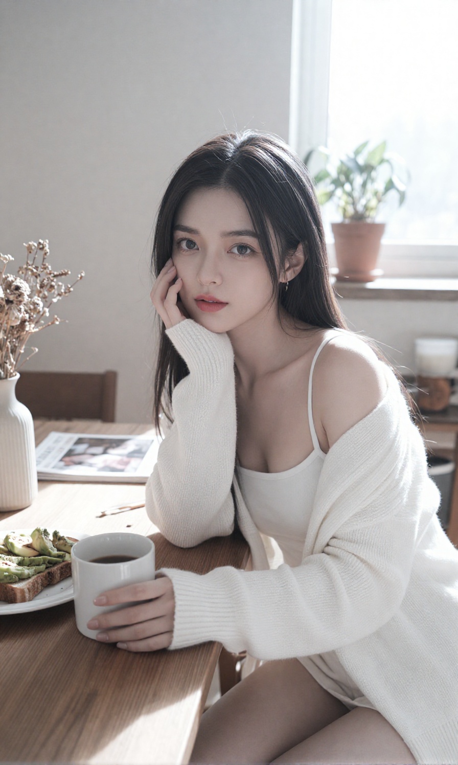A young woman is dressed in an off shoulder white knit cardigan layered over a thin strap top. She leans forward against a...