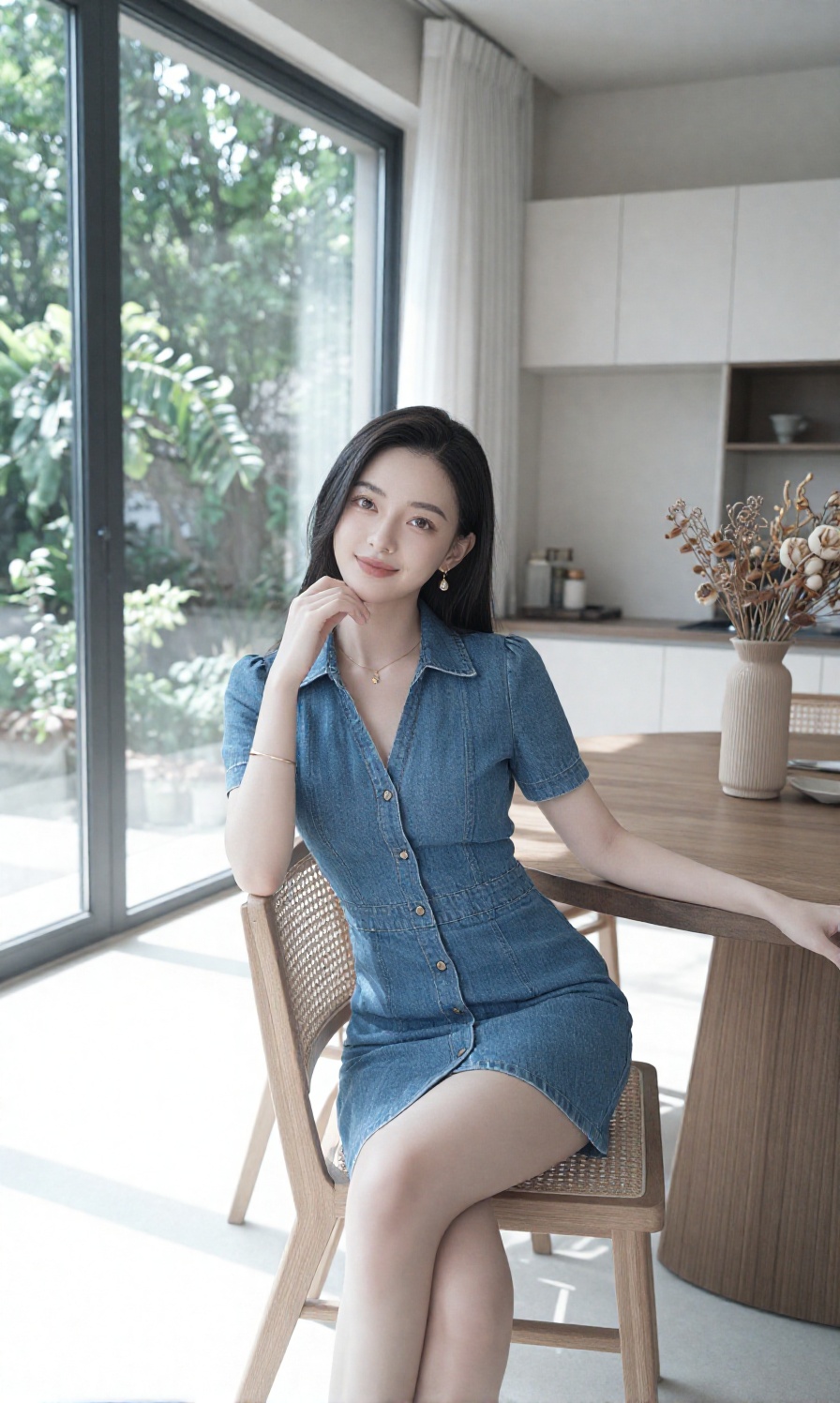 A young woman wears a V neck button front blue denim mini dress accessorized with a subtle gold necklace,  drop earrings,...