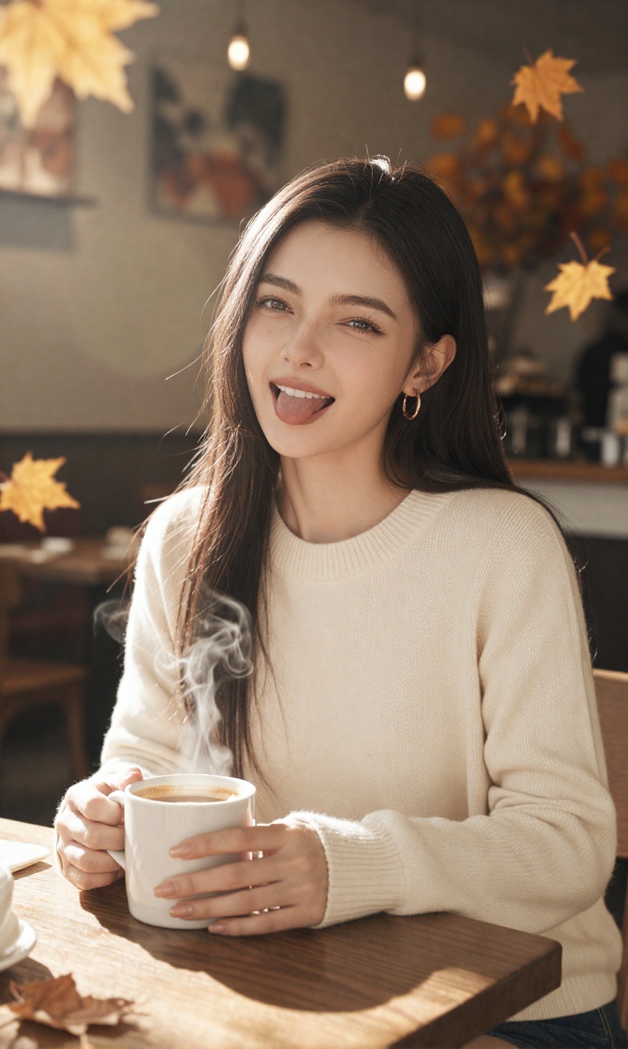 A young woman wears a relaxed cream knit crewneck sweater accessorized with small gold hoop earrings. She sits at a wooden...
