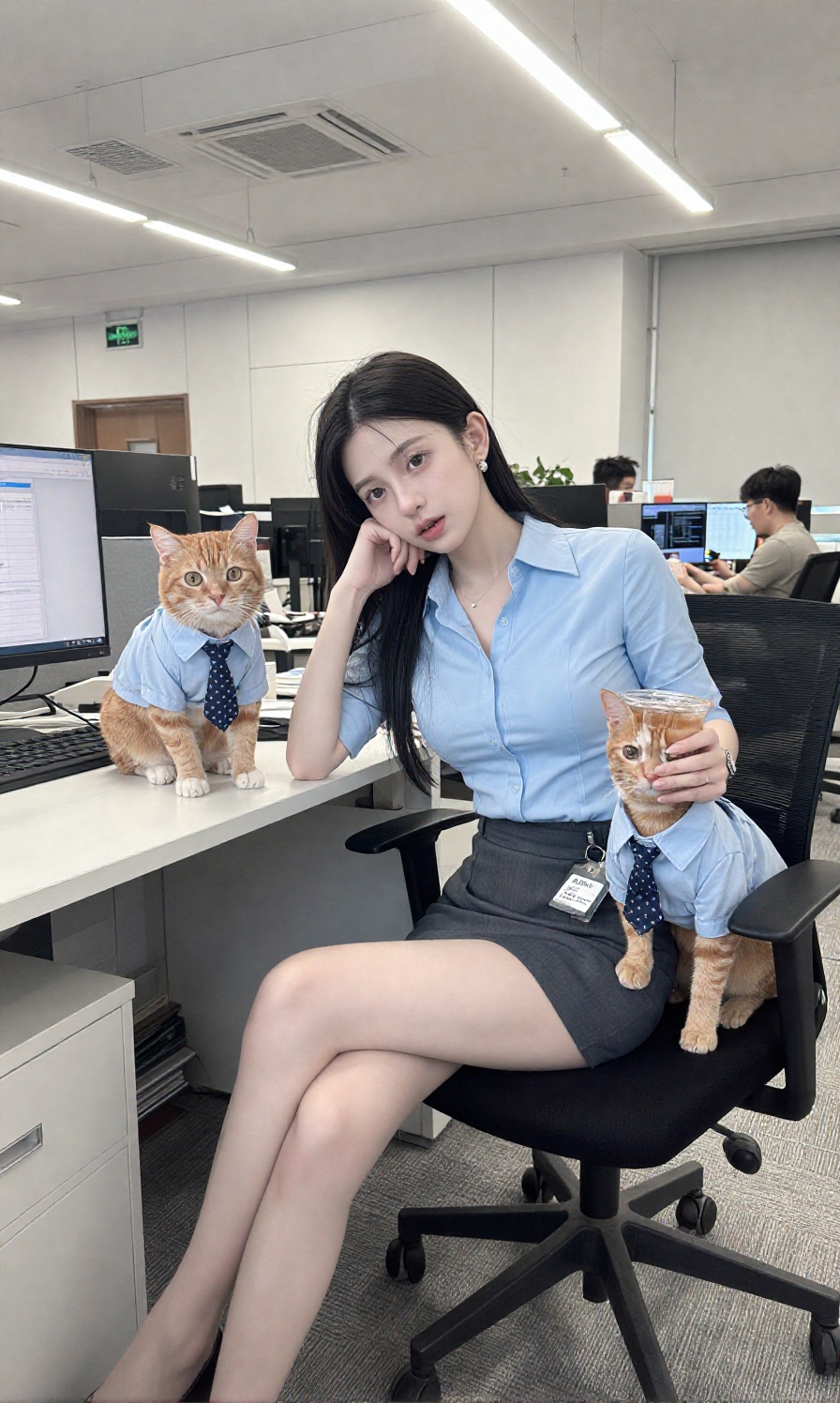 A young woman wears a light blue button down office shirt paired with a dark gray skirt,  black loafers,  a silver wrist w...
