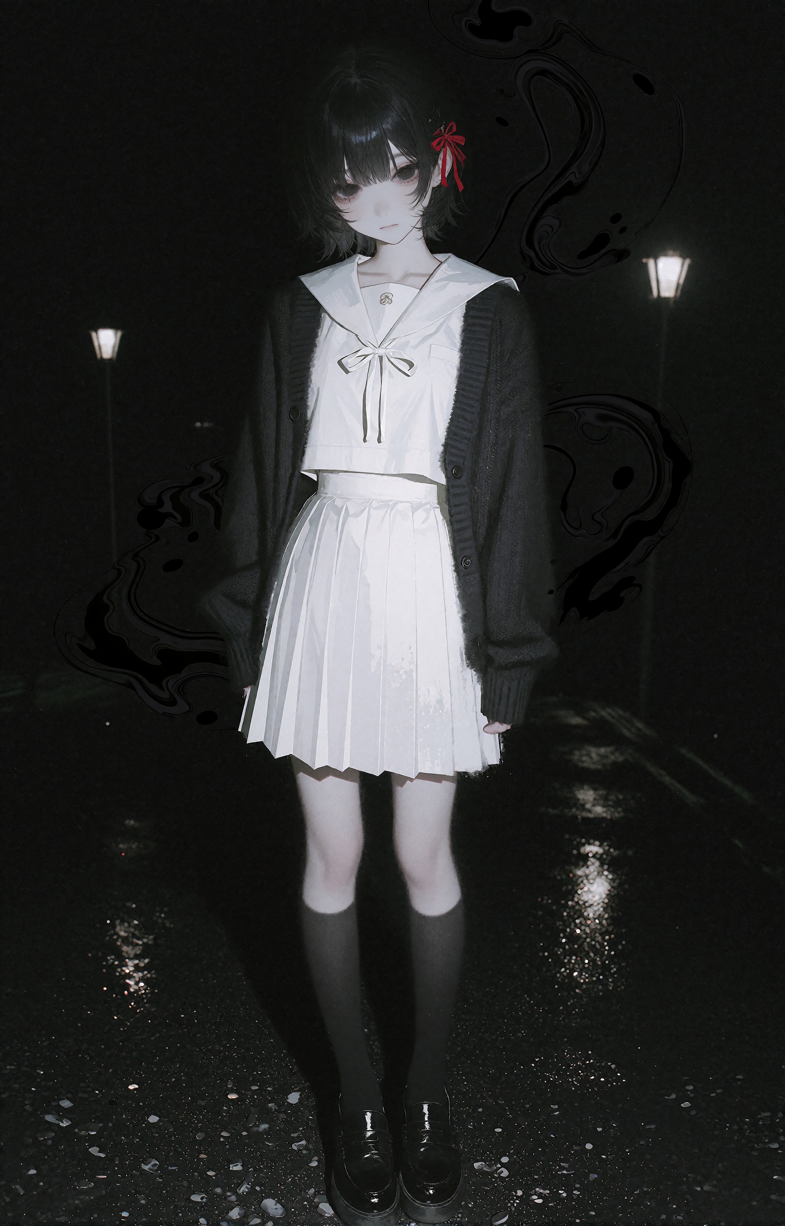 A lone girl with a short dark bob haircut accented by a small red ribbon at one side stands alone in the darkness,  her pa...
