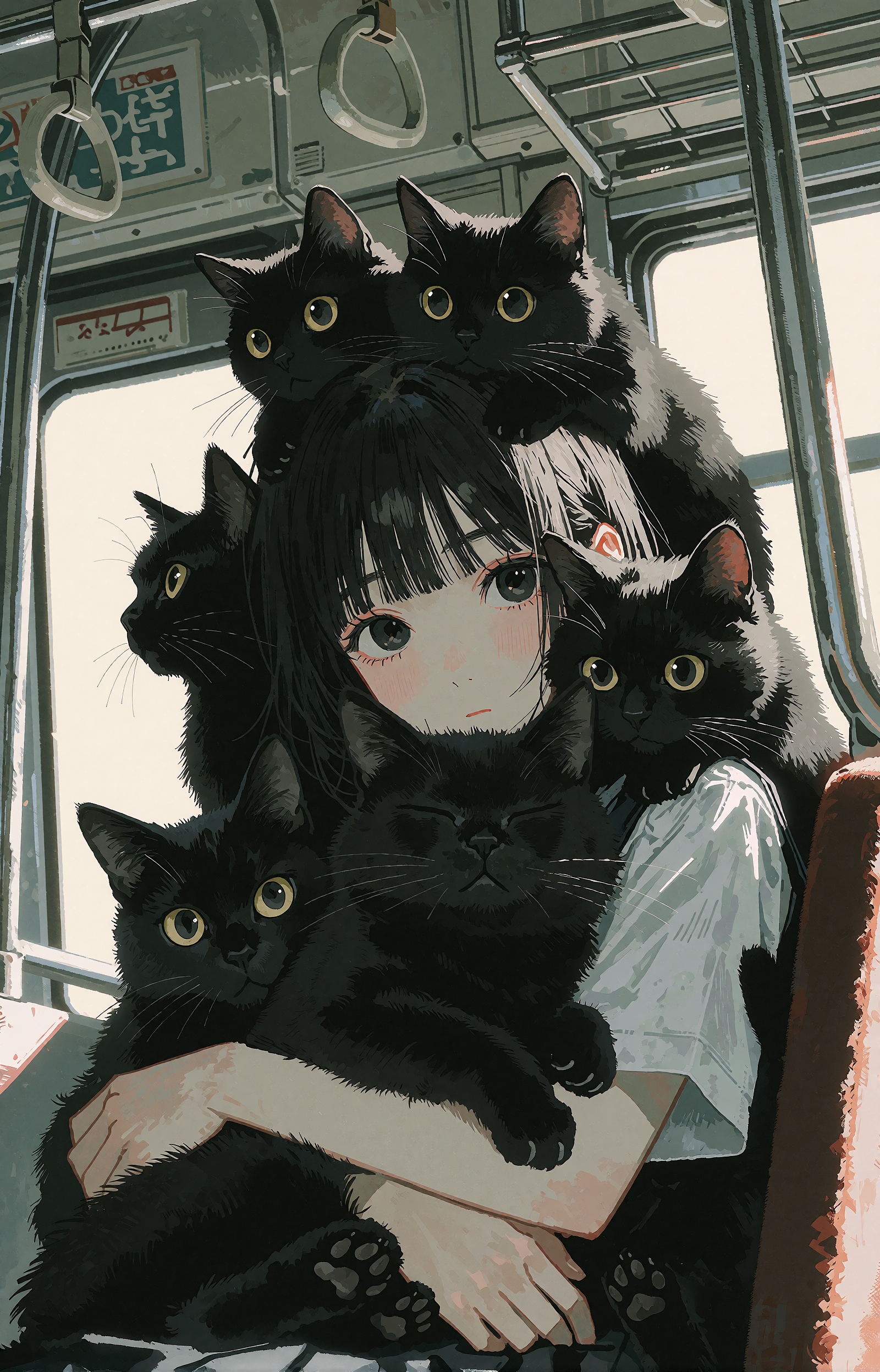 A young anime girl with straight dark hair and blunt bangs is gently buried under a pile of six plump black cats,  her arm...