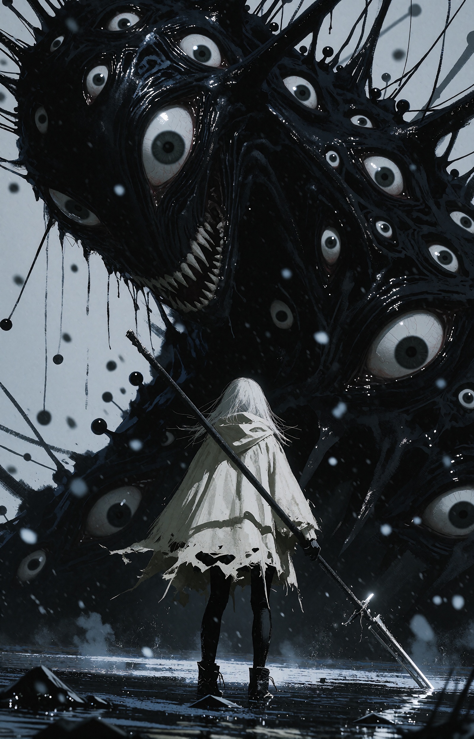 A lone figure with long pale white hair stands seen from behind,  draped in a tattered weathered white cloak,  gripping a...