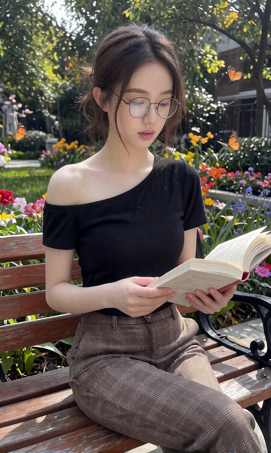 A young woman is sitting on a wooden park bench,  wearing an asymmetrical black off the shoulder short sleeved top paired...