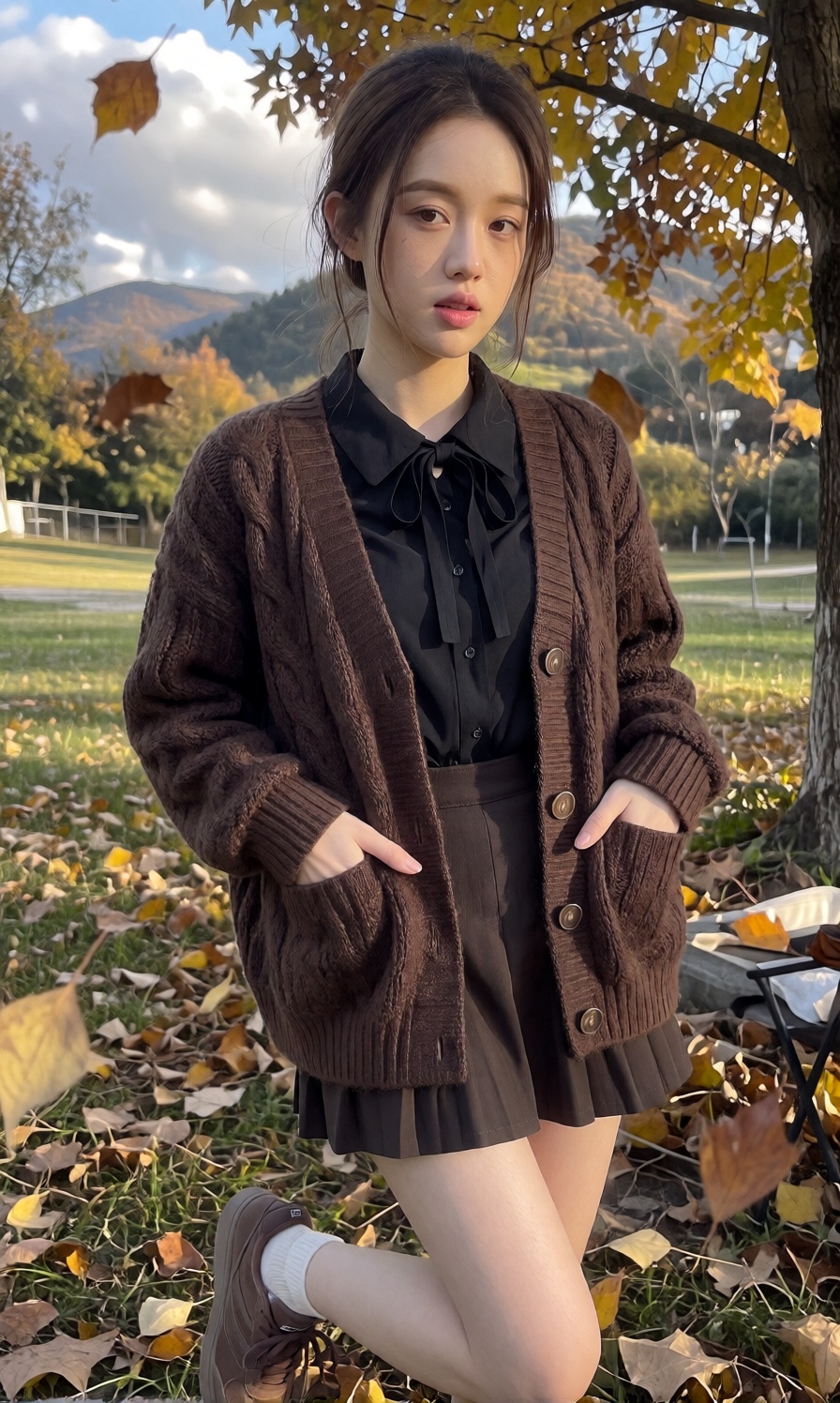 A young woman stands outdoors in a cozy autumn outfit consisting of a thick,  dark brown cable knit oversized cardigan ove...