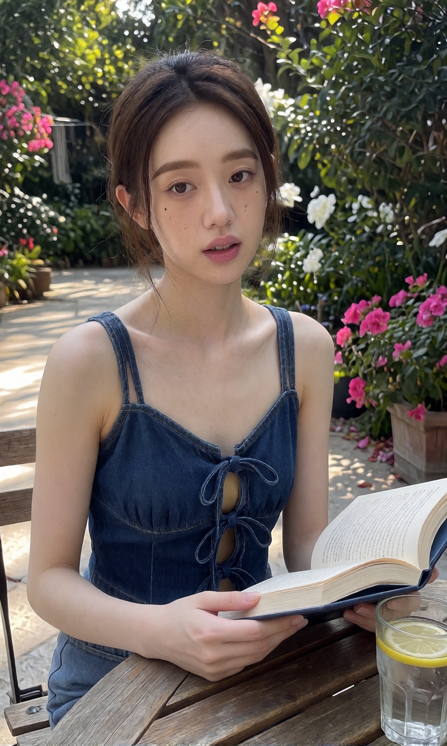 A young woman is seated at an outdoor wooden table,  wearing a sleeveless dark blue denim top with thin shoulder straps an...