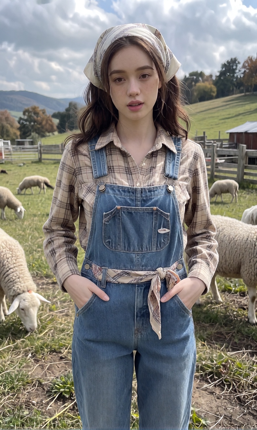 A young woman stands in an open pasture wearing classic blue denim overalls over a long sleeved beige plaid collared shirt...