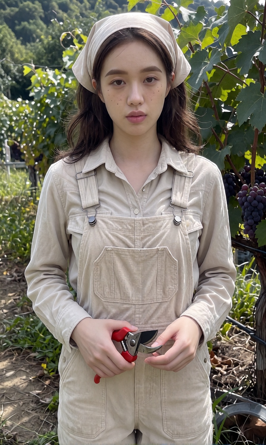 A young woman stands outdoors wearing light beige corduroy overalls over a long sleeved button up shirt in a matching neut...