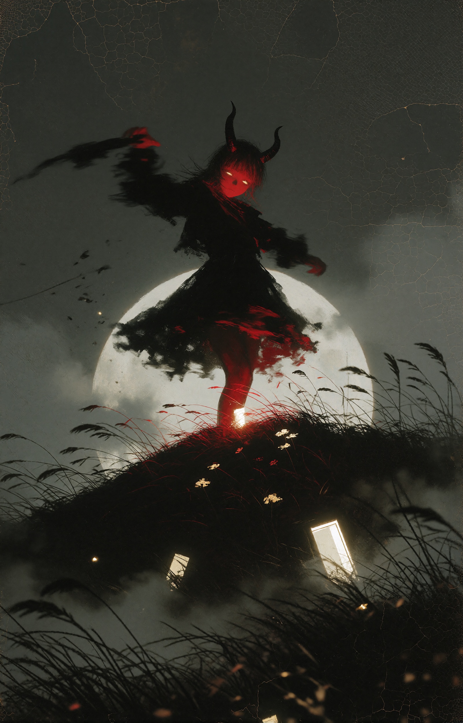 Far atop a solitary hill,  a horned demonic being with deep crimson-red skin dances in a slow ecstatic spin,  its dark cur...