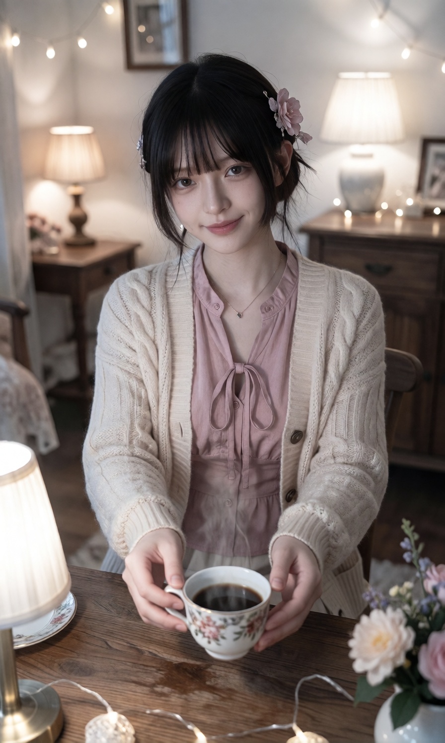 A young woman is dressed in a dusty pink tie neck blouse underneath a loose cream cable knit cardigan,  complemented by a...