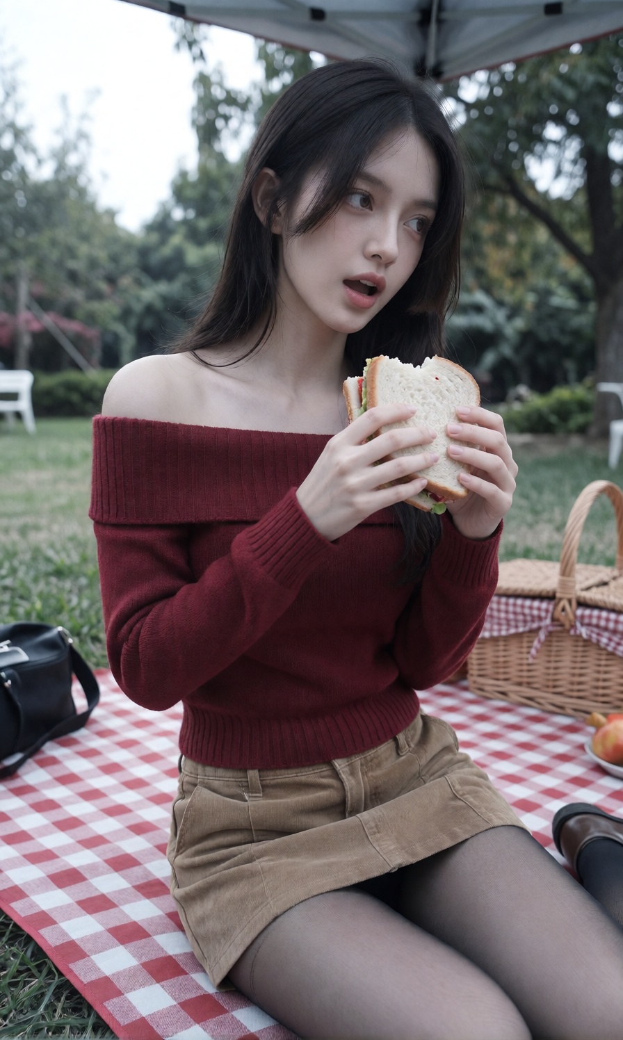 A young woman is wearing an off shoulder deep red knitted sweater paired with a tan corduroy mini skirt and dark transluce...