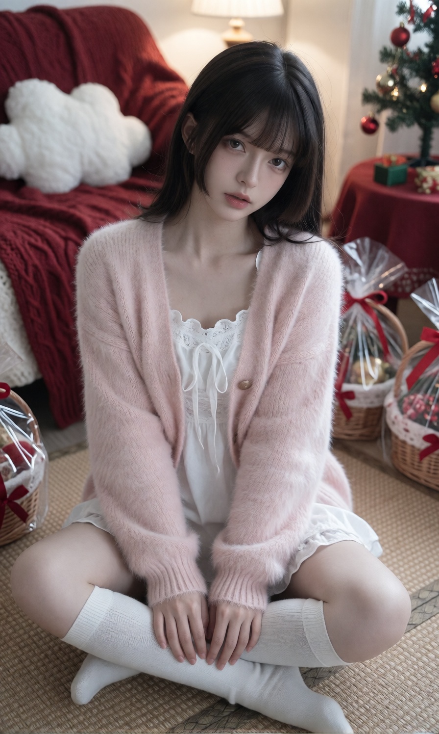 A young woman wears an oversized fluffy light pink cardigan over a delicate white ruffled mini dress paired with white kne...