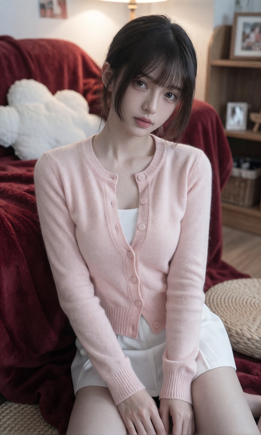 A young woman is dressed in a light pink button down cardigan worn over a white inner top. She sits relaxed against a plus...