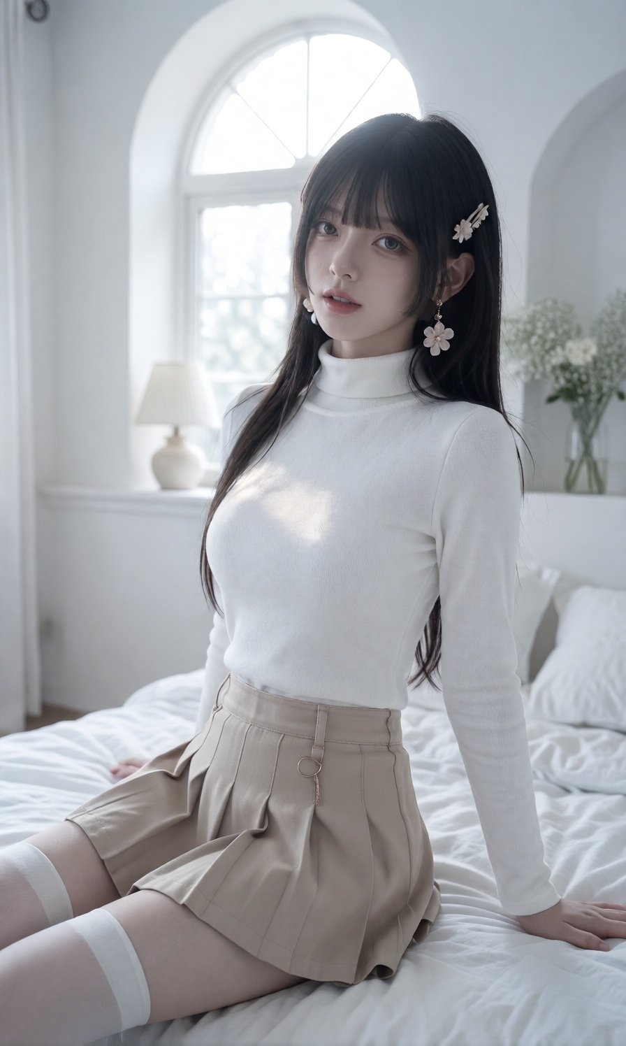 A young woman is dressed in a fitted white ribbed turtleneck top paired with a pleated light beige mini skirt,  white thig...