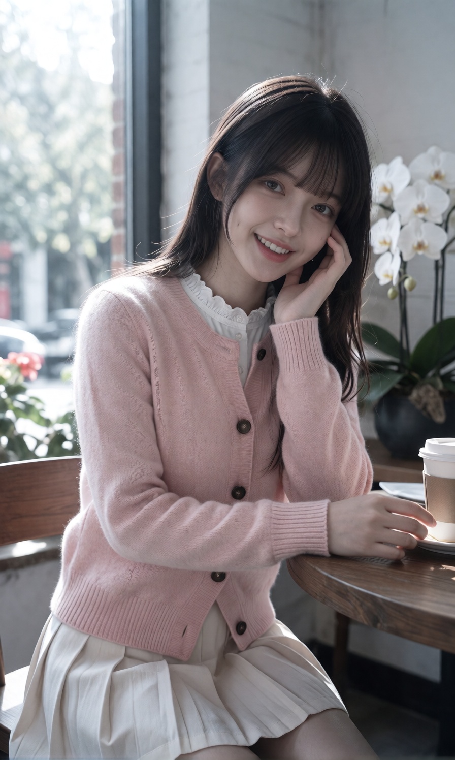 A young woman wears a soft pink knit cardigan with dark button details over a white frilled collar top and a pleated light...