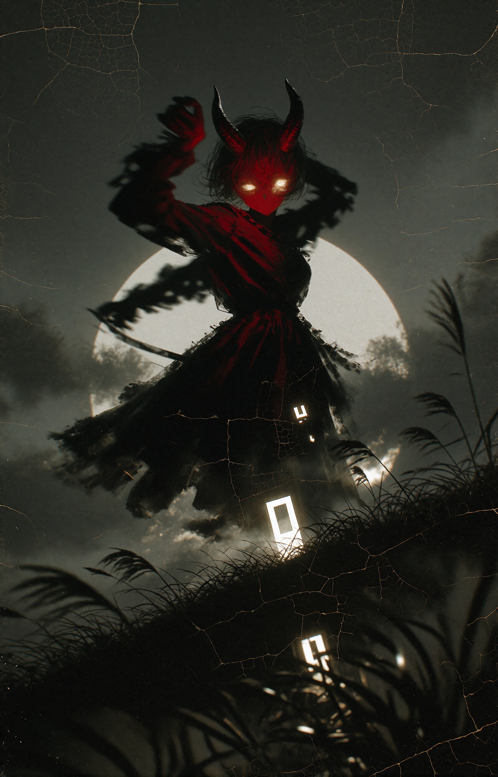 Far atop a solitary hill,  a horned demonic being with deep crimson-red skin dances in a slow ecstatic spin,  its dark cur...
