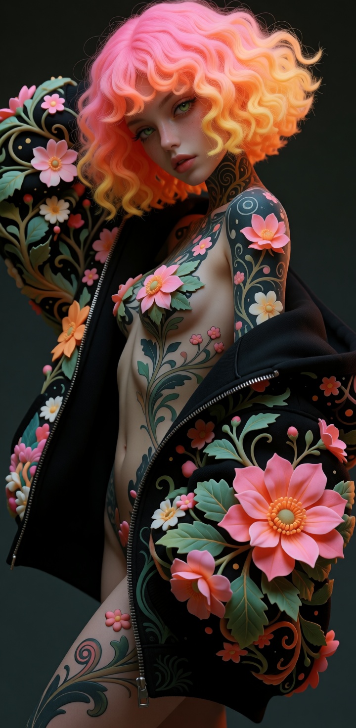 (((wildStyle))),  Topless,  nude but 100% covered in tattoos and wearing only a magical oversized hoodie. Posed in a dynam...
