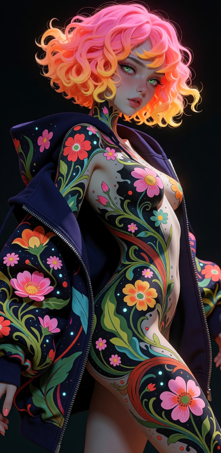 (((wildStyle))),  Topless,  nude but 100% covered in tattoos and wearing only a magical oversized hoodie. Posed in a dynam...