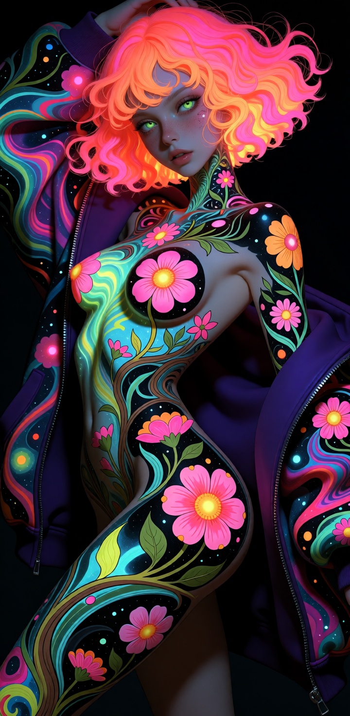 (((wildStyle))),  Topless,  nude but 100% covered in tattoos and wearing only a magical oversized hoodie. Posed in a dynam...