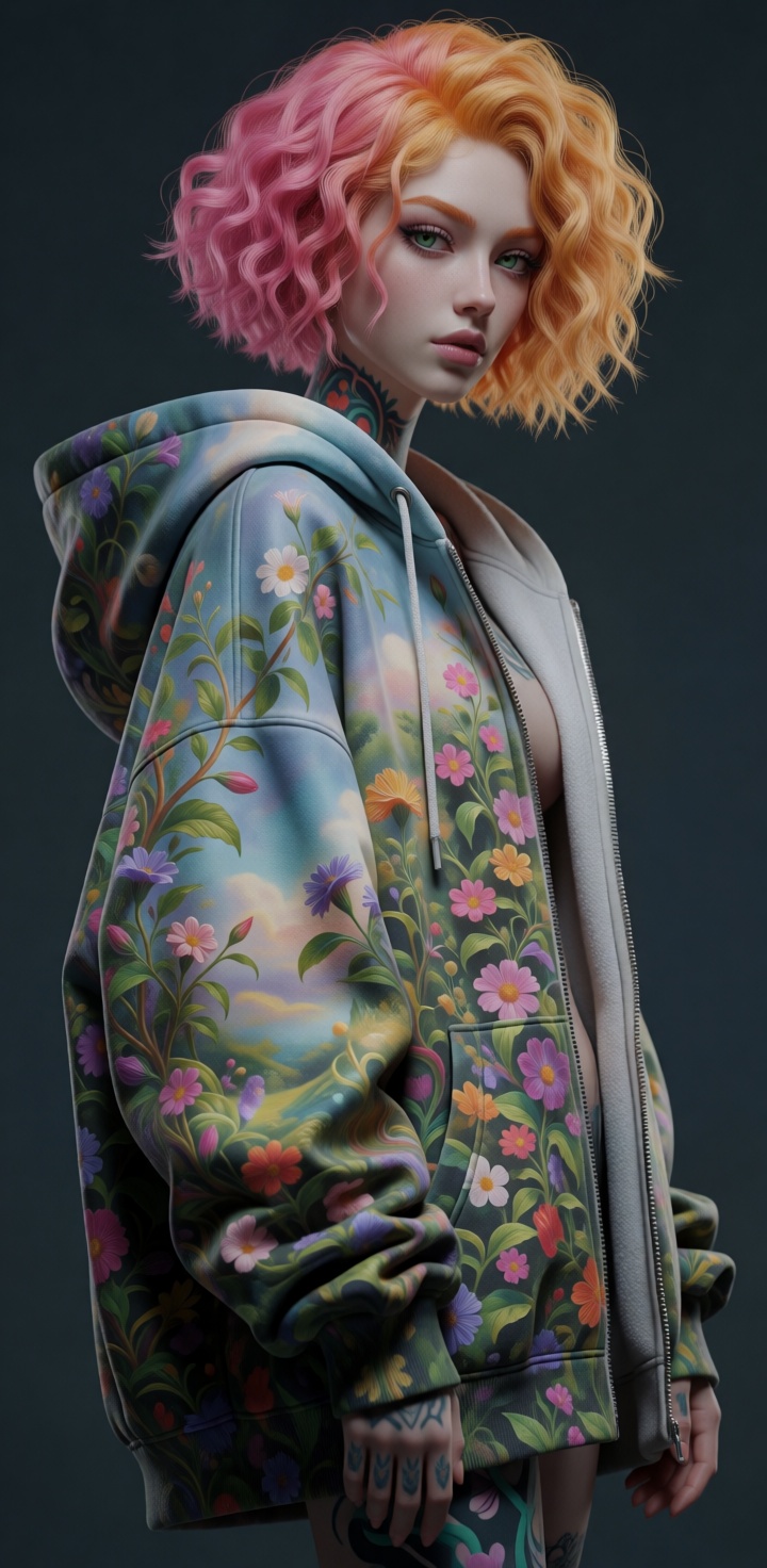(((wildStyle))),  Topless,  nude but 100% covered in tattoos and wearing only a magical oversized hoodie. Posed in a dynam...