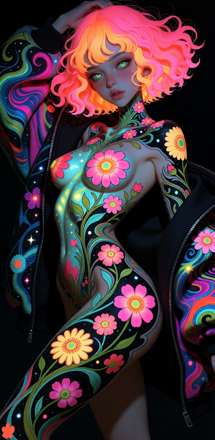 (((wildStyle))),  Topless,  nude but 100% covered in tattoos and wearing only a magical oversized hoodie. Posed in a dynam...