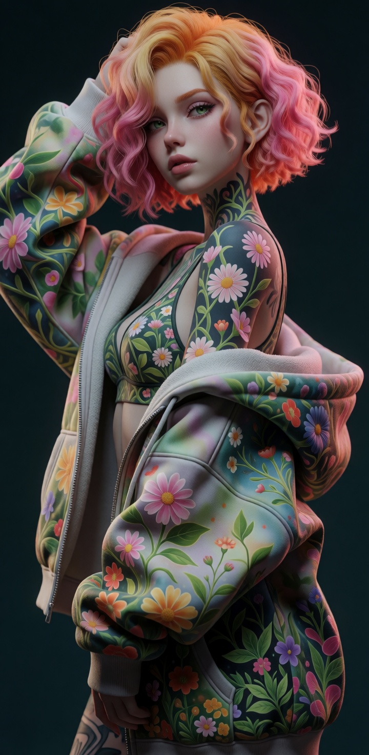 (((wildStyle))),  Topless,  nude but 100% covered in tattoos and wearing only a magical oversized hoodie. Posed in a dynam...