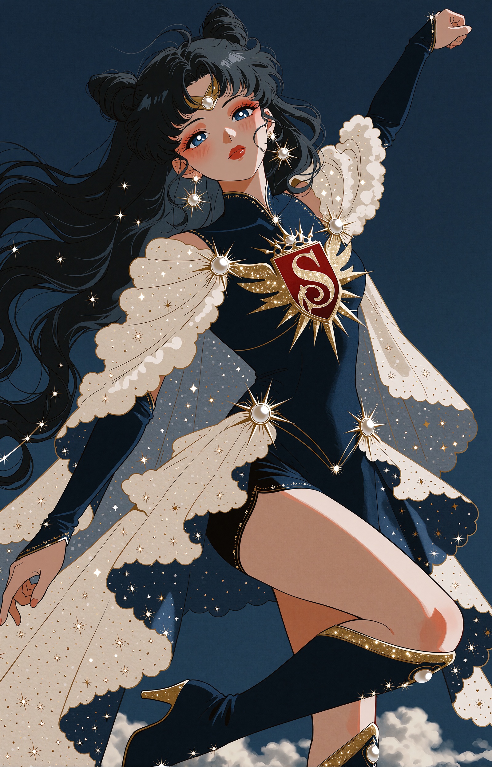 The same serene celestial heroine,  now seen in full body: a young woman with long,  voluminous wavy raven-black hair stre...