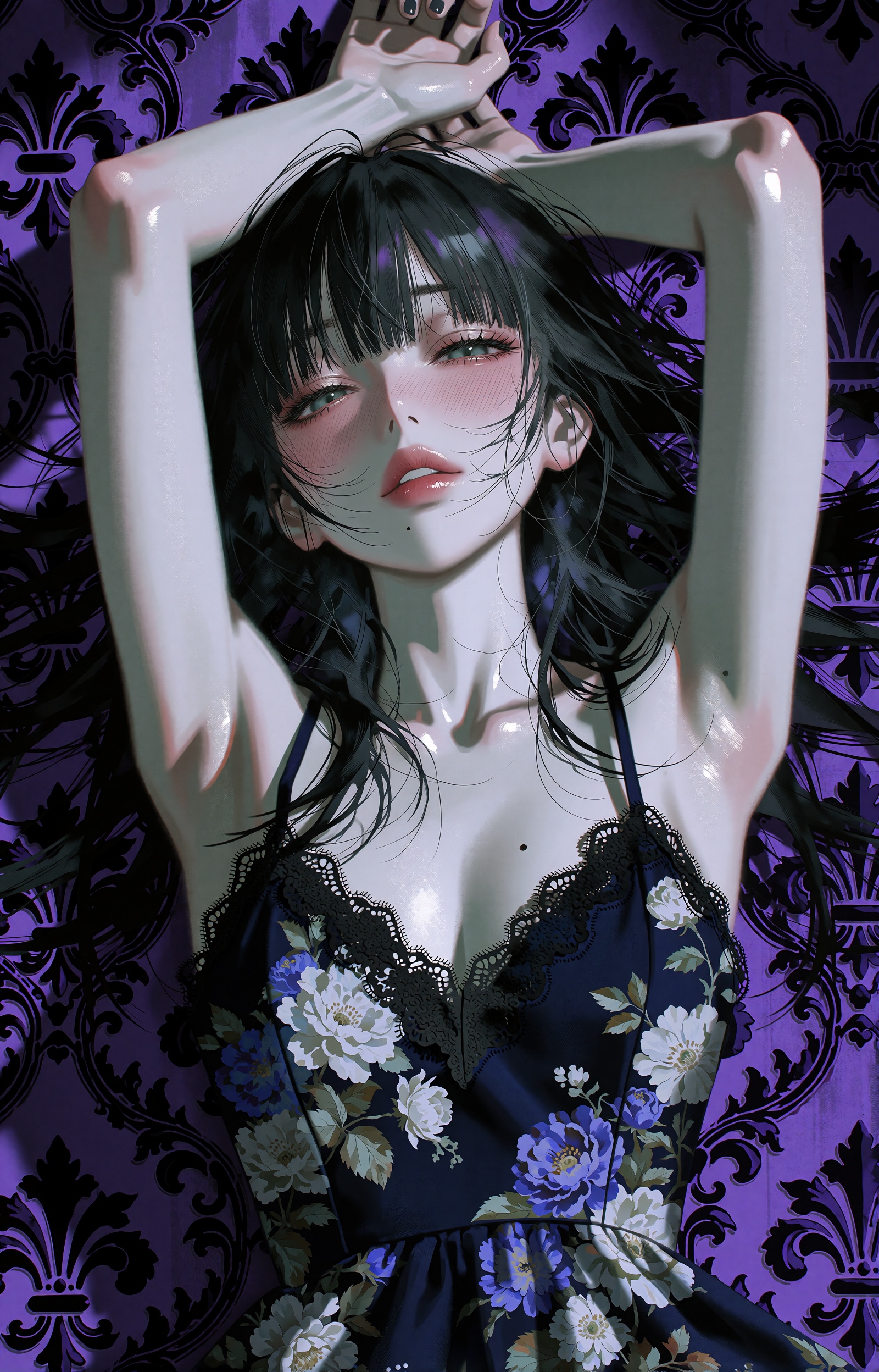 A languid,  alluring young woman with long straight black hair and soft bangs lies on her back,  head tilted back with chi...