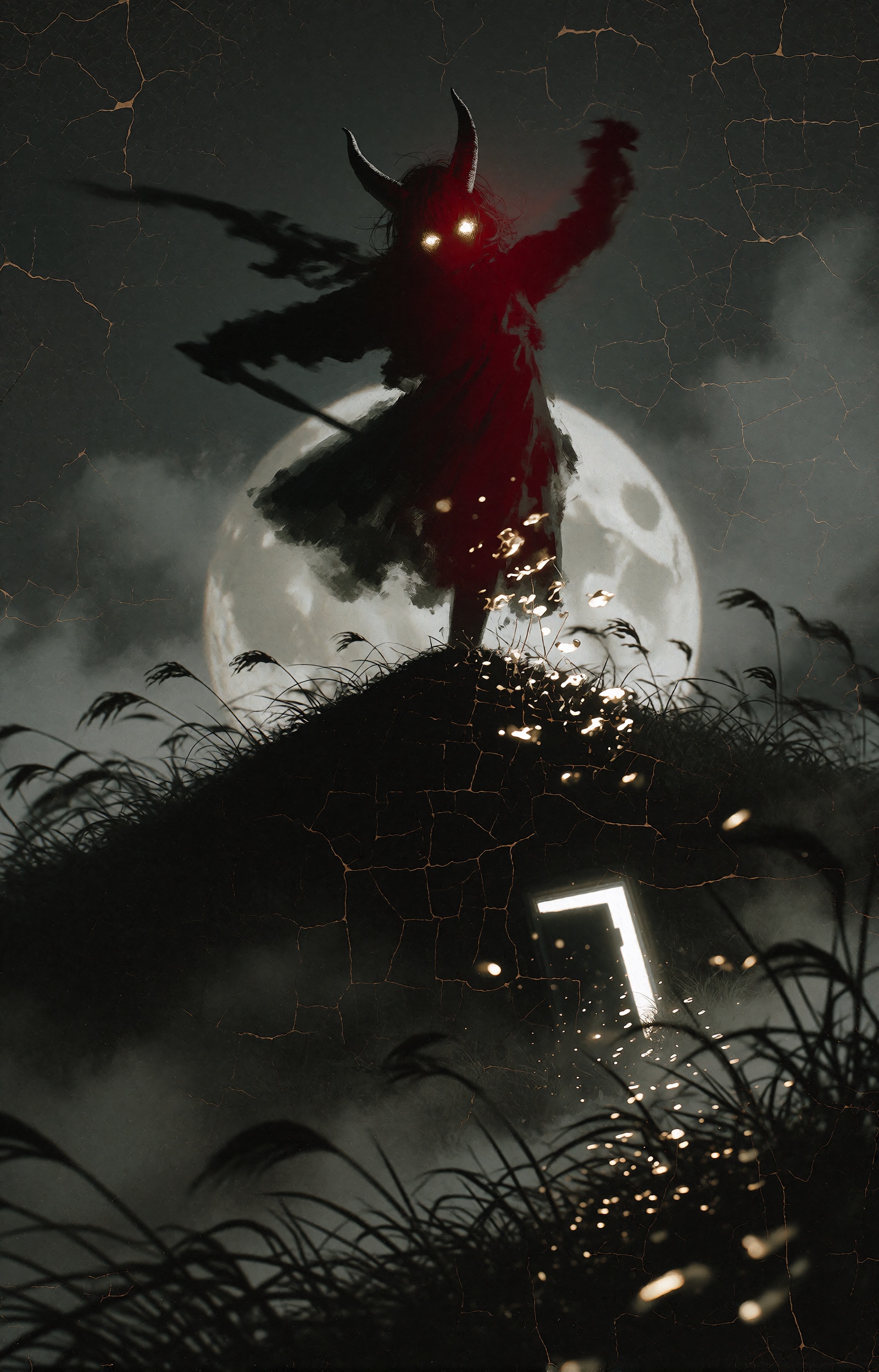 Far atop a solitary hill,  a horned demonic being with deep crimson-red skin dances in a slow ecstatic spin,  its dark cur...