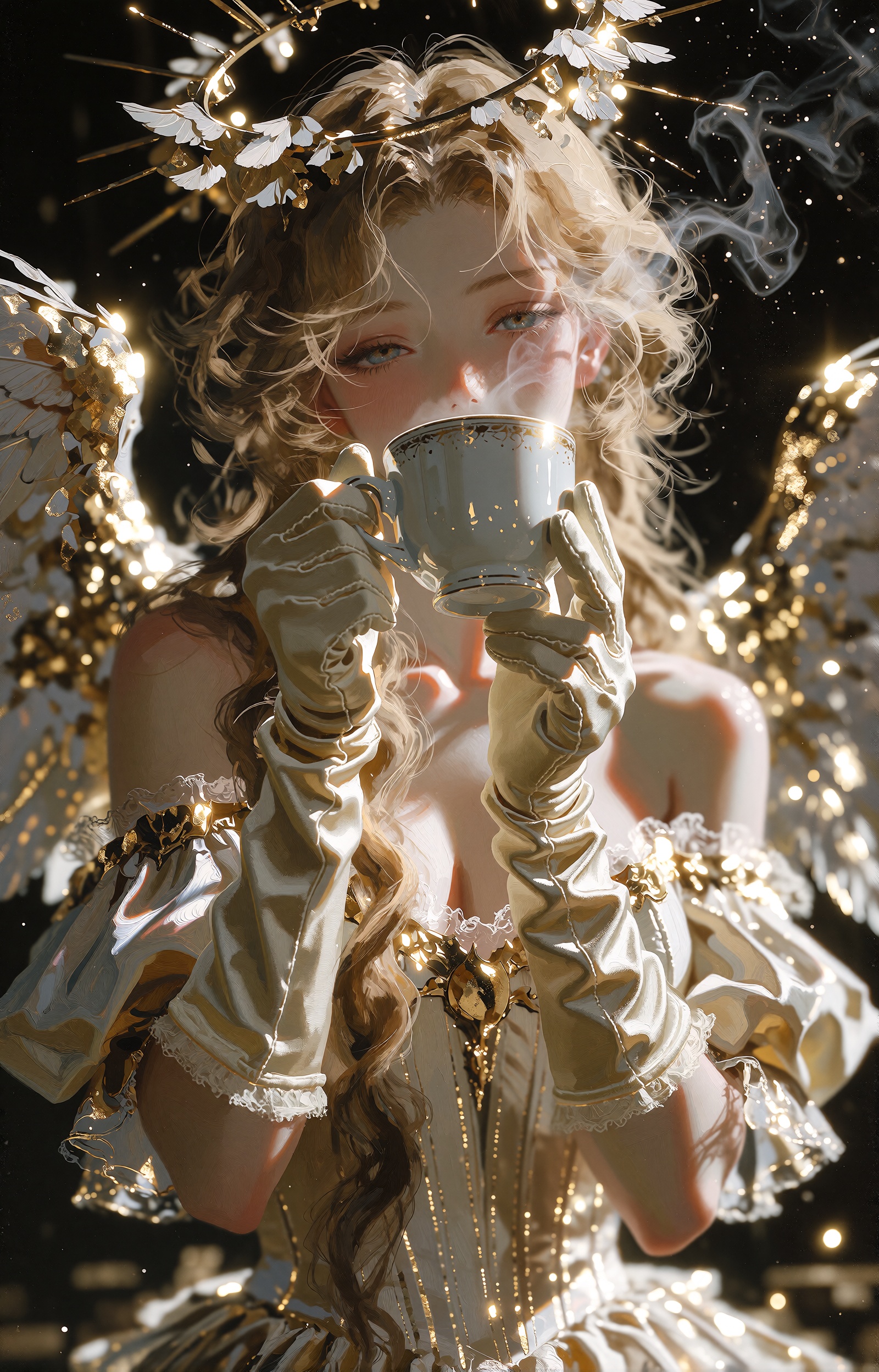 A young angelic woman with long honey-blonde waves cascading over bare shoulders holds a white porcelain cup to her lips w...
