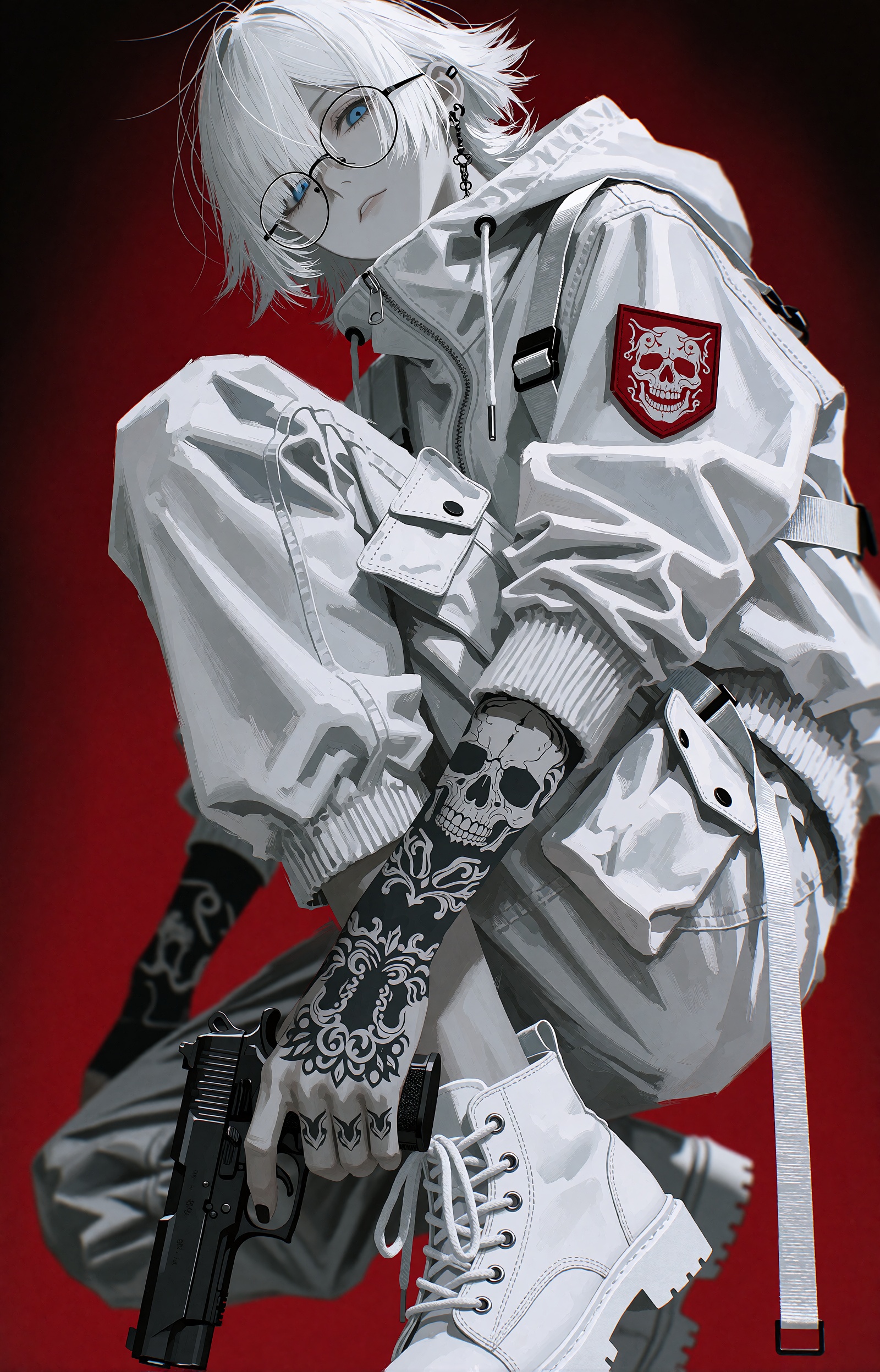 A stylish semi-realistic anime illustration of a young androgynous figure with messy spiky white hair,  round wire-rimmed...