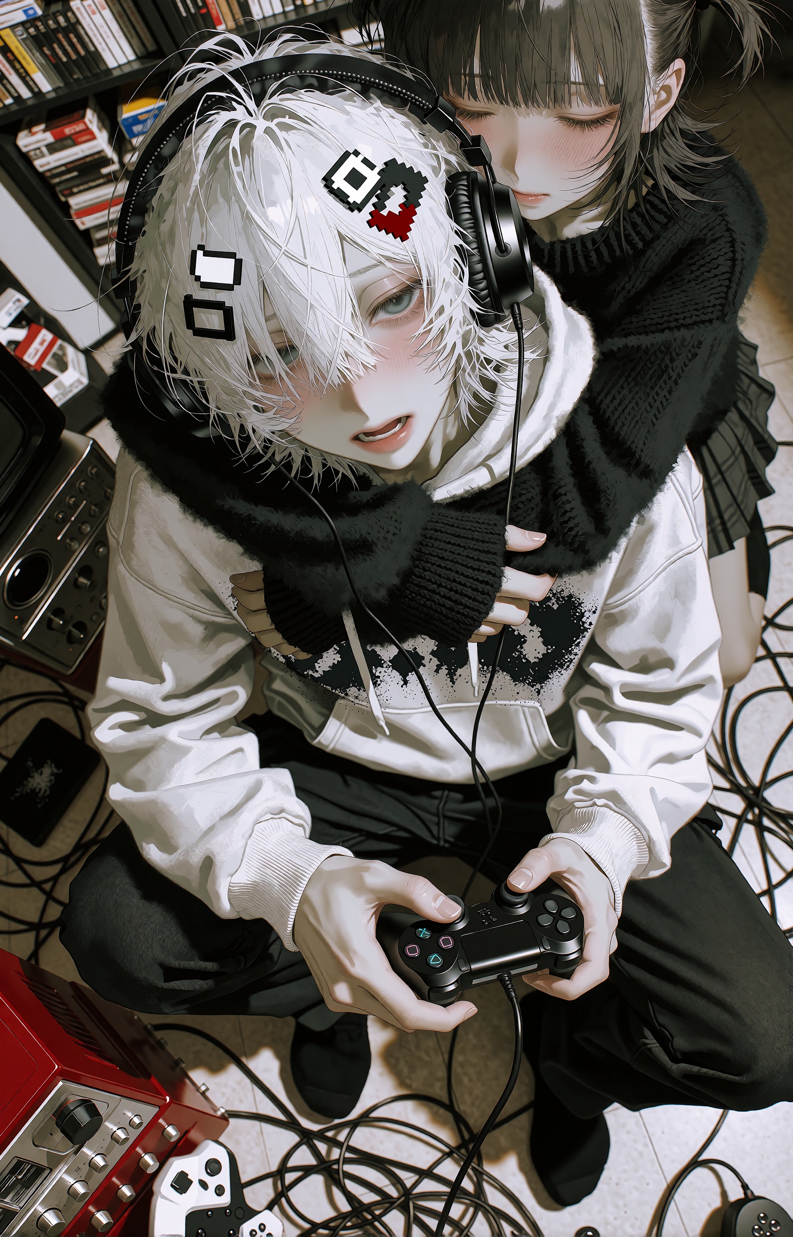 A languid young man with messy fluffy platinum-white hair looks up at the viewer from beneath his bangs,  grey-blue eyes h...