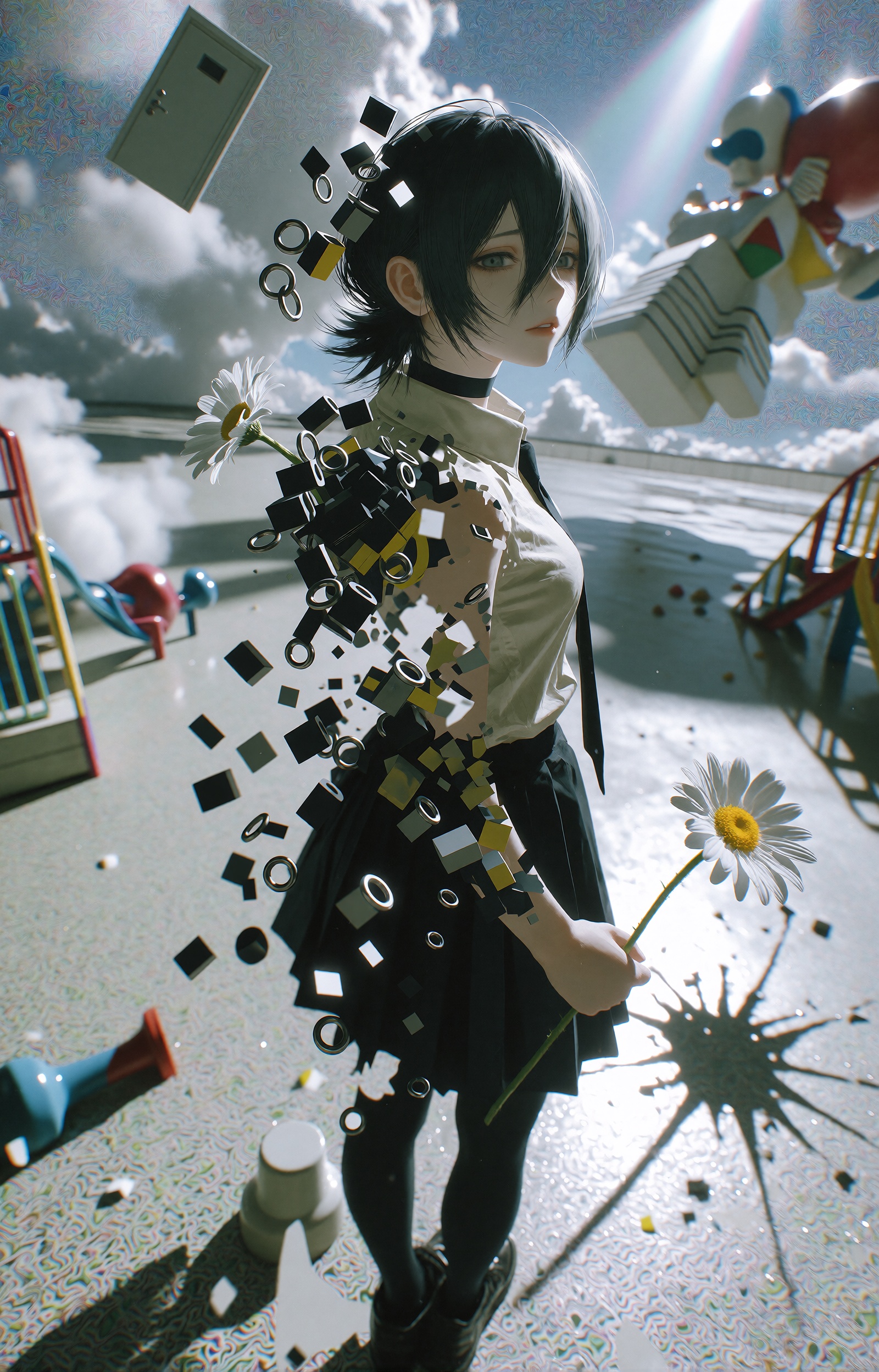A surreal,  dreamlike portrait of Reze from Chainsaw Man standing in a liminal,  impossible space. She features her iconic...