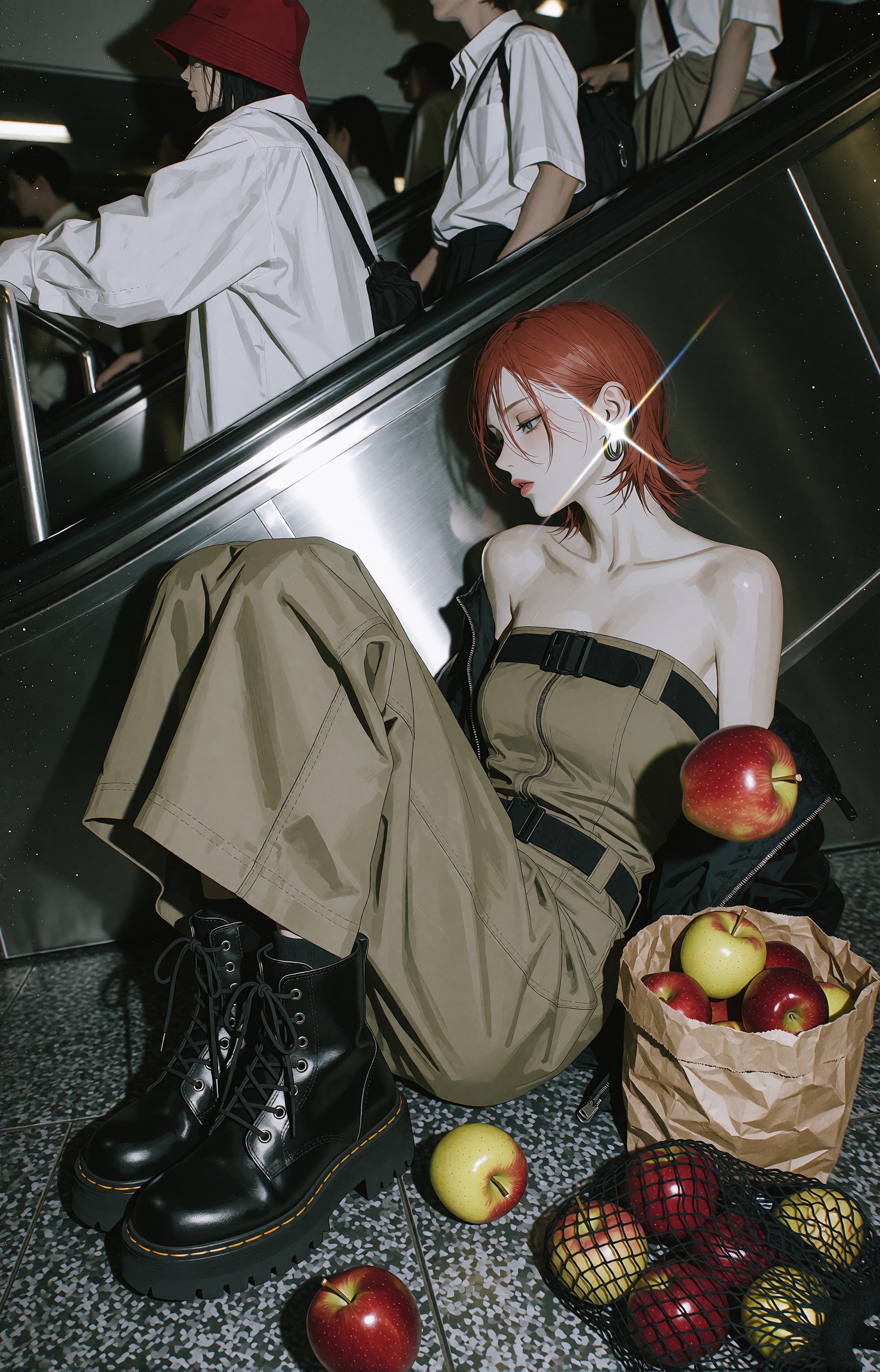 Semi-realistic manga-style fashion editorial illustration,  clean lineart,  soft cel shading. A young ***** model with sho...
