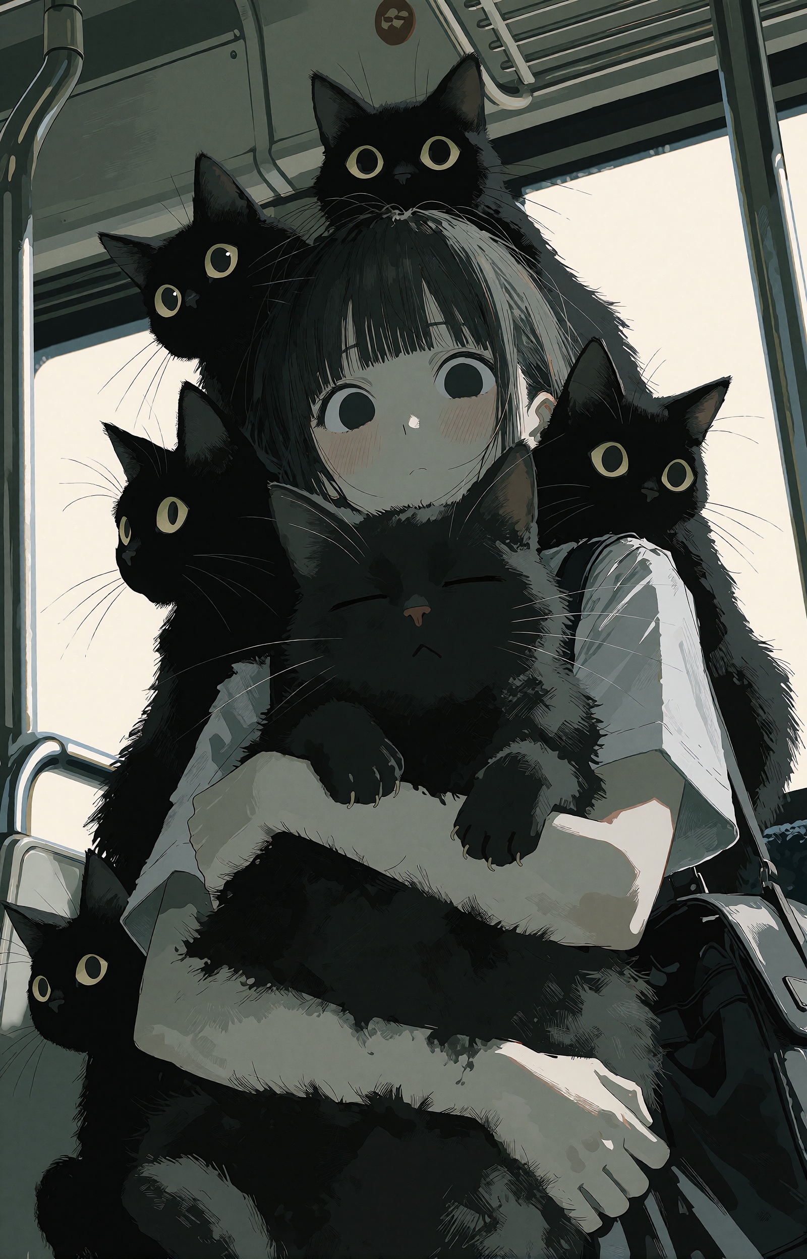 A young anime girl with straight dark hair and blunt bangs is gently buried under a pile of six plump black cats,  her arm...