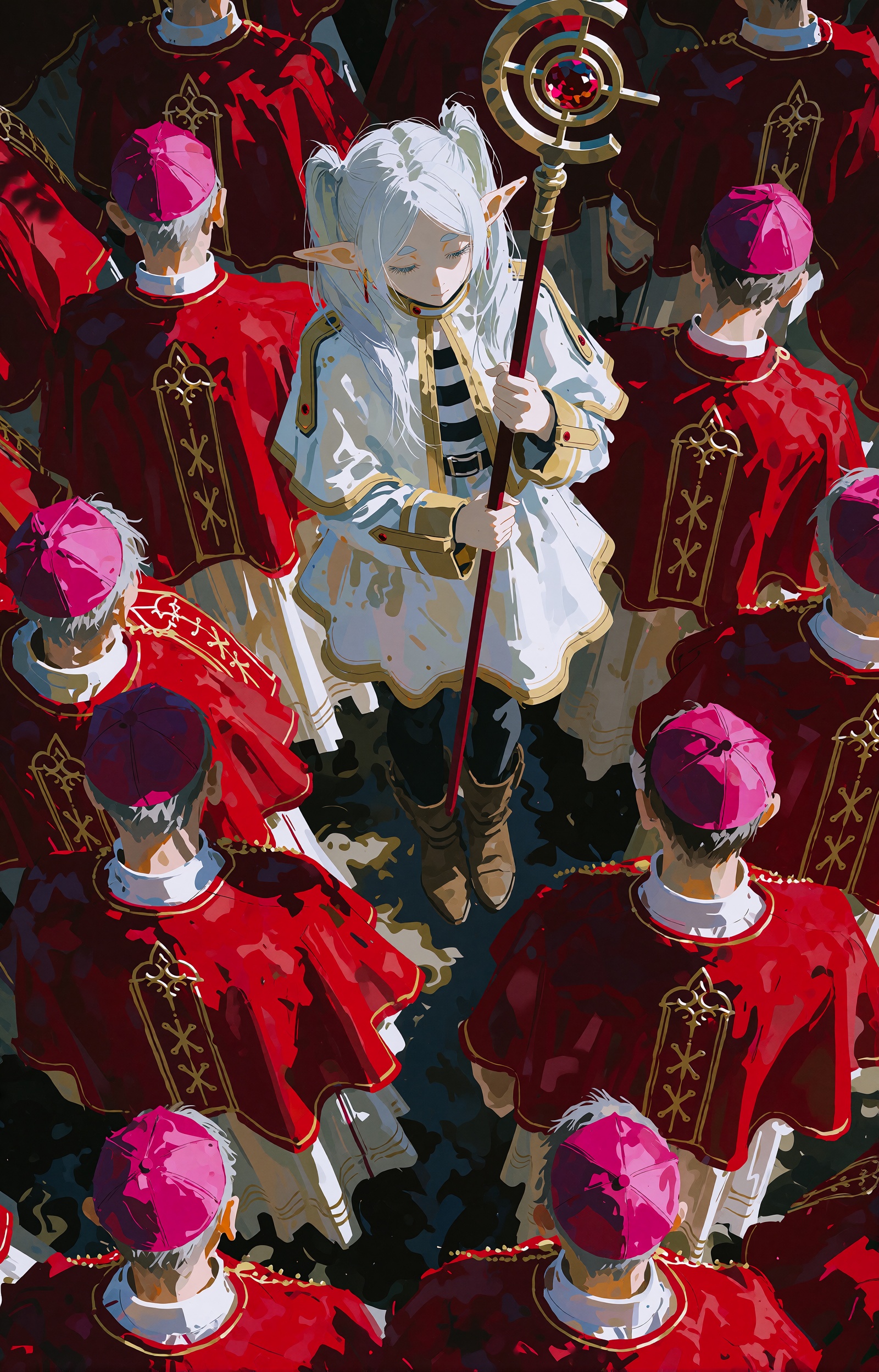 white-haired elf girl with pointed ears and long silver hair stands alone and elevated floating in the foreground,  grippi...