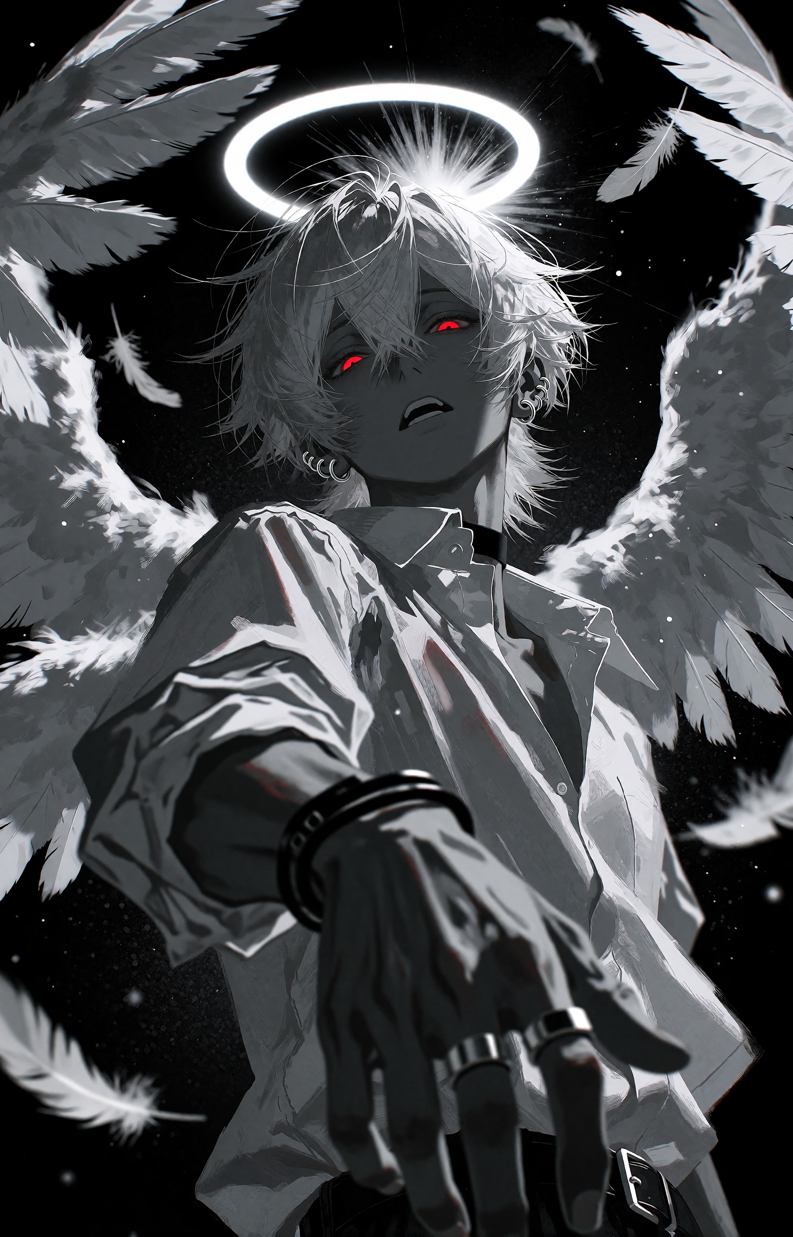 A young dark-skinned angelic man towers above the frame,  his messy silver-white hair catching cold light while his glowin...